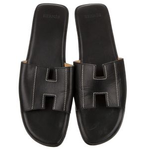 Hermes Black Leather Slide Sandals 41 Contrast Stitching Authentic